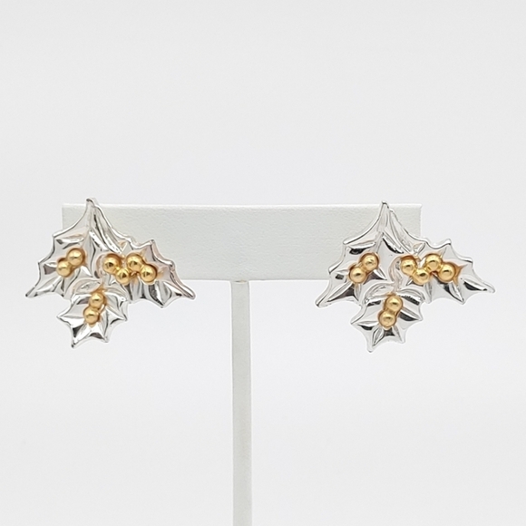 EUC Silver and gold tone holly post earrings for holidays, winter, Christmas - Picture 2 of 3